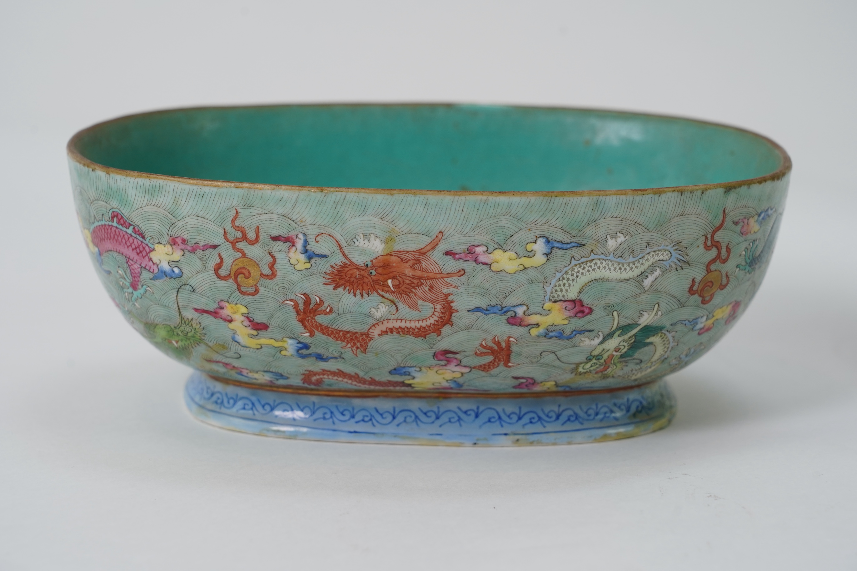 A Chinese enamelled porcelain ‘dragon’ oblong bowl, Daoguang seal mark but late 19th century